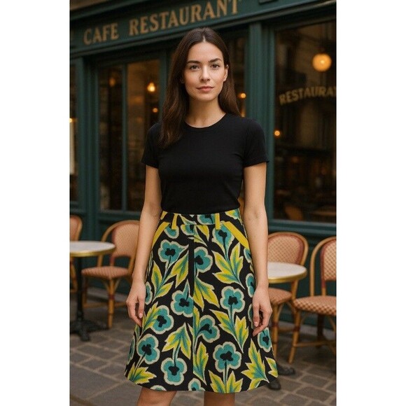 Mon Petit Oiseau Anthropologie Skirt Sz S Black Yellow Blue Floral Cotton Unusua - Picture 1 of 12